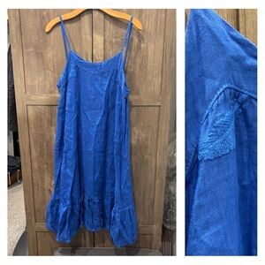 Pure Lino Linen Italy Dress Spaghetti straps blue embroidered